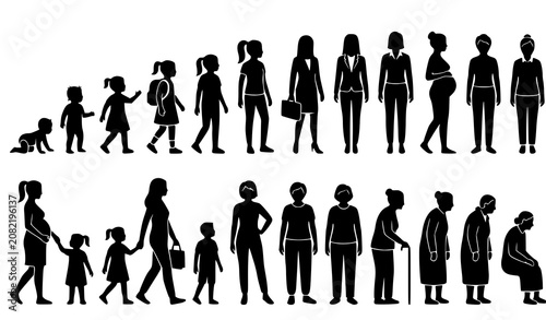 Human Life Cycle Silhouette Icon Set Female Aging Generation Collection Vector Black Illustration Bundle Elements