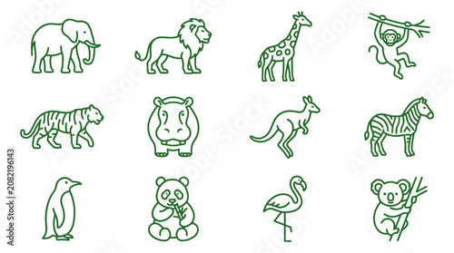 Canvas Print Various wild animals are illustrated in green lines on a white background including elephant, lion, and giraffe