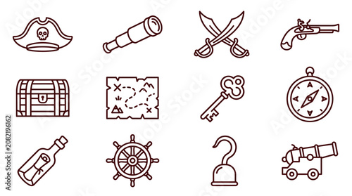 Bild auf Leinwand Pirate icons depict various treasure hunting tools and symbols on a white background with a vector graphic