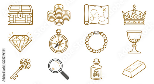 Tableau sur toile Golden illustrations of various treasures and symbols on white background