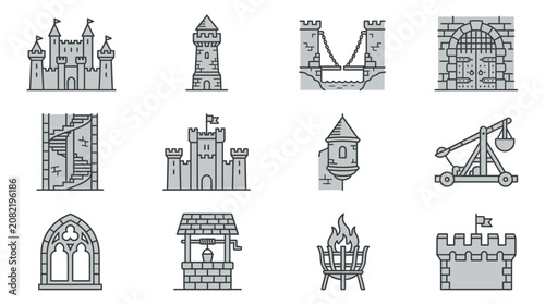 Tableau sur toile A medieval castle with towers and battlements stands amidst a village under siege by a catapult launching a burning projectile