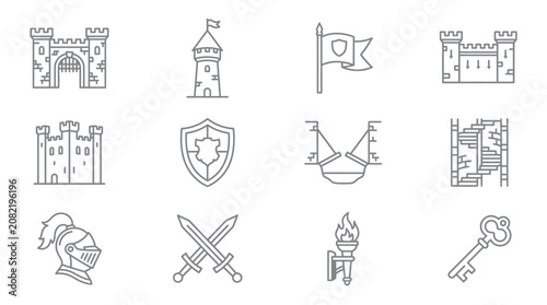 Foto Medieval castle icons featuring a knight helmet, swords, and shield on white