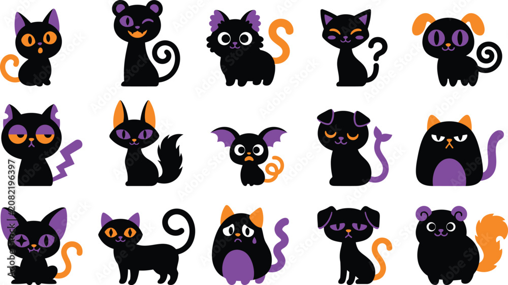 Obraz premium Colorful halloween vector bundle of 15 black cats with purple and orange accents
