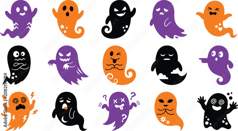 Fototapeta premium Colorful halloween vector bundle 15 spooky ghost icons in purple orange and black