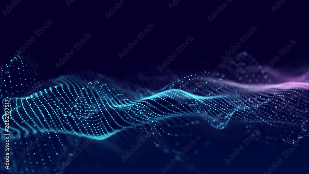Fototapeta premium Cyan and purple dotted wave on dark blue background. Glowing particle grid forms a smooth digital landscape for technology, data signal and abstract background design.