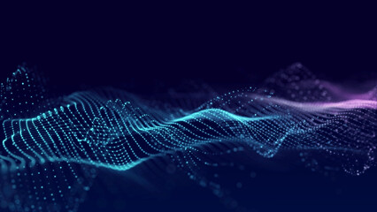 Cyan and purple dotted wave on dark blue background. Glowing particle grid forms a smooth digital landscape for technology, data signal and abstract background design.