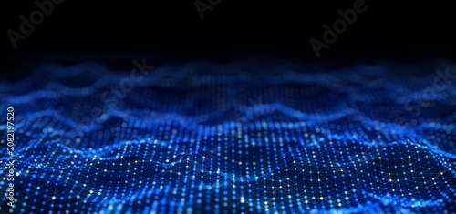 Blue dotted network landscape on dark background with connected grid lines and soft depth. Digital data surface for technology, analytics, communication and futuristic design.