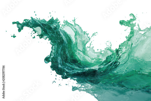 Dynamic turquoise water splash capturing fluid motion isolated on transparent background. Splashing teal water wave with droplets isolated on white background.