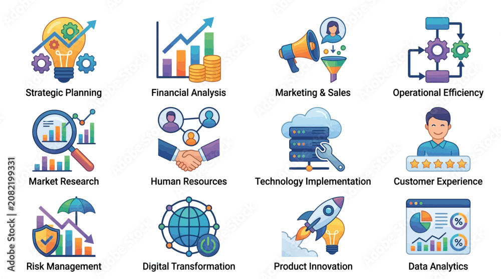 Fototapeta premium Professional Illustrated Guide to Key Business Functions with Colorful Icons and Visual Elements