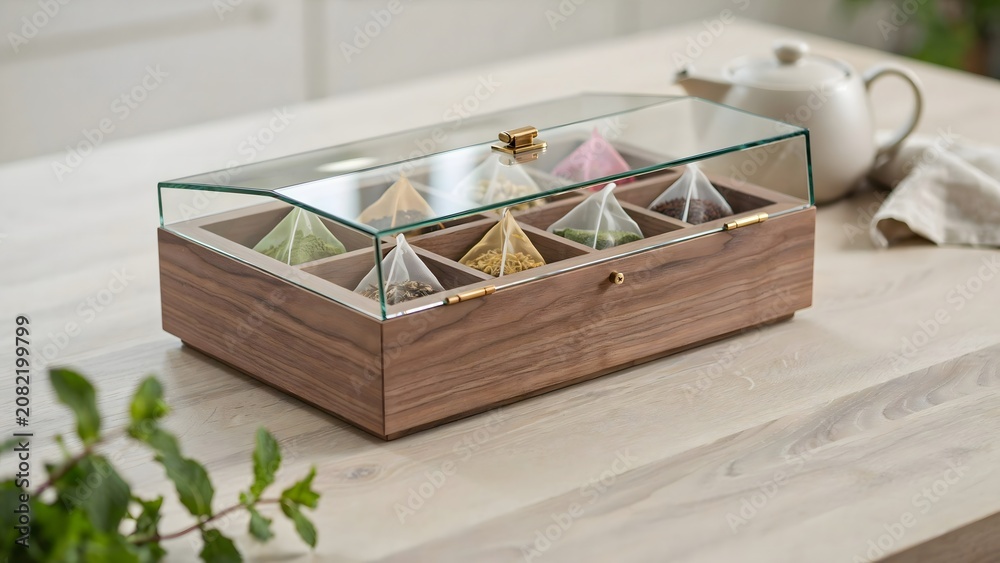 Fototapeta premium Elegant wooden box with glass lid containing assorted colorful paper umbrellas on a modern table