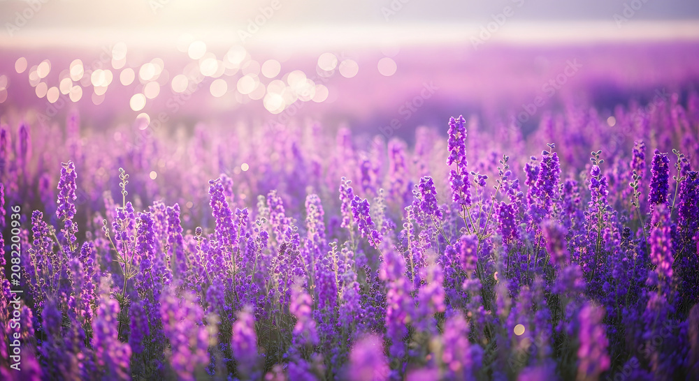 Obraz premium Blooming purple lavender field at sunset with soft golden light and bokeh