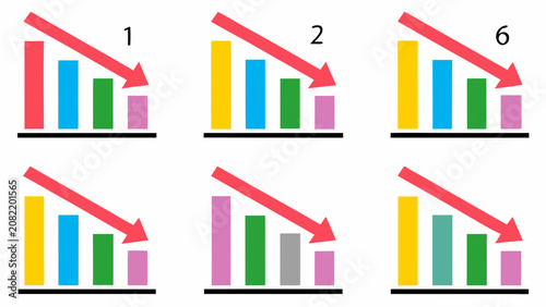 Fotografía Six bar charts with descending red arrows on white background