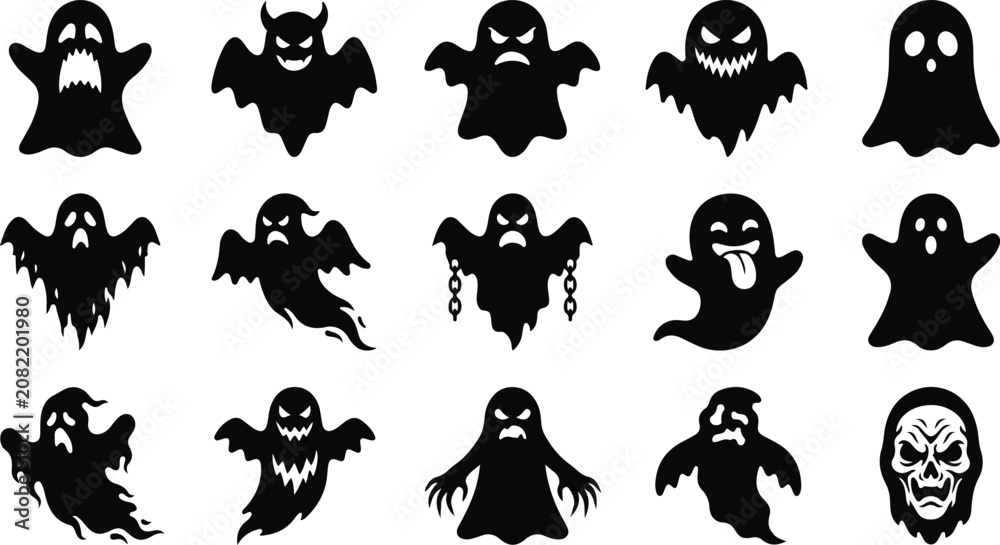 Obraz premium Halloween Ghost Silhouette Icon Set Isolated on White Background