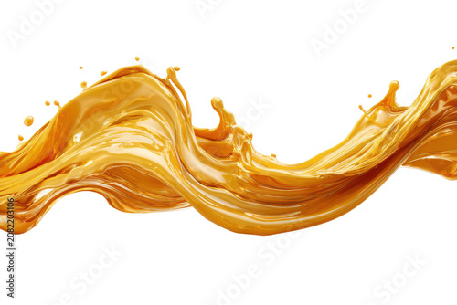 Golden amber fluid in dynamic flow isolated on transparent background. Golden liquid amber fluid in wave motion isolated on white background.
