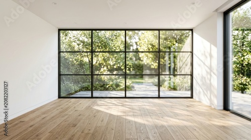Spacious empty modern room featuring large floor-to-ceiling windows overlooking a lush green garden view outside.