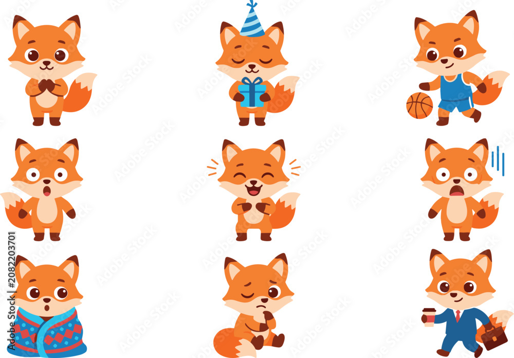 Naklejka premium Cute Cartoon Fox Vector Set, Funny Orange Character Illustration Collection with Fox Expressing Different Emotions and Poses