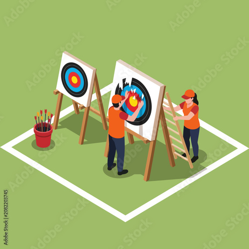 Obraz na plátně Two archers practicing target shooting with bows and arrows.