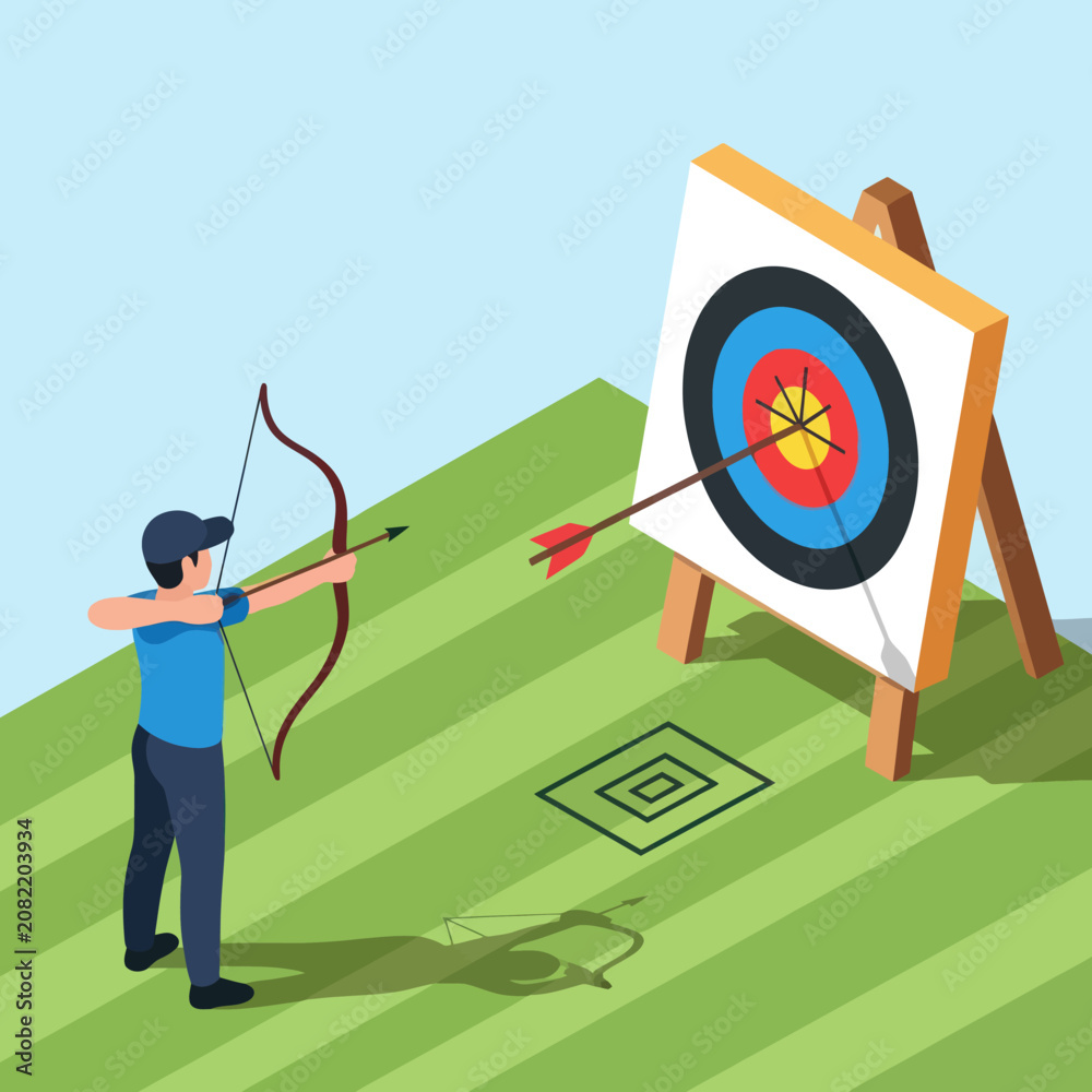 Φωτογραφία Young archer aiming at target in outdoor setting.