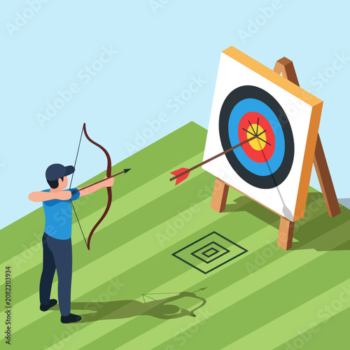 Obraz na plátně Young archer aiming at target in outdoor setting.