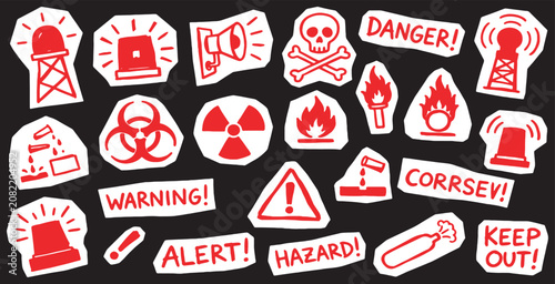 Cuadro en lienzo Collection of red warning and danger signs with various symbols and text on a black background, cut out like stickers