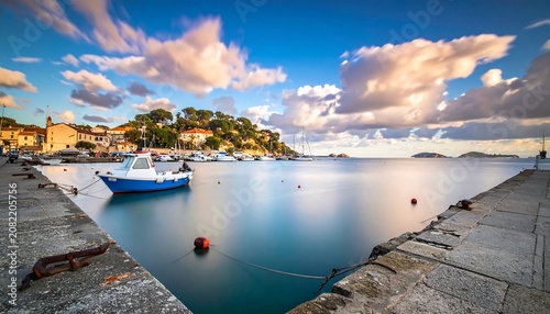 A serene harbor scene with a small boat docked at a stone pier, surrounded by calm water and a picturesque landscape