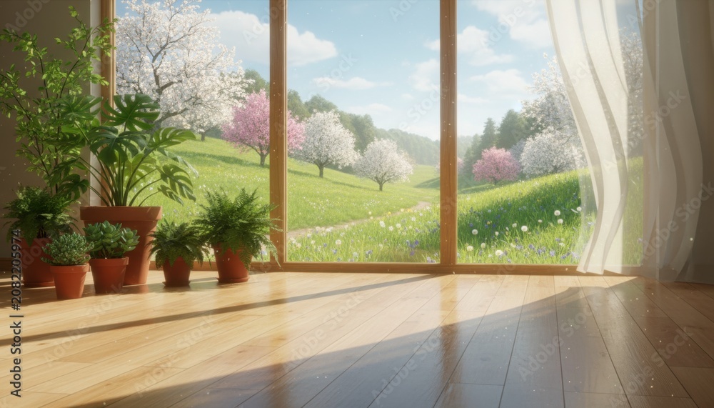 Fototapeta premium Sunny Living Room Overlooking Blooming Spring Garden