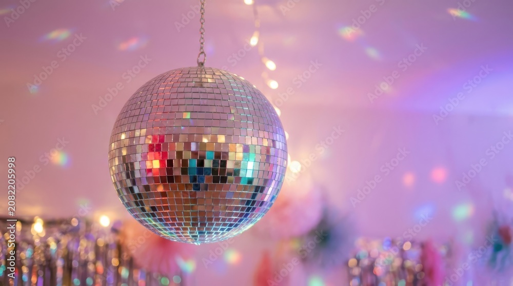 Obraz premium Glittering disco ball hangs, reflecting vibrant party lights, creating a festive retro atmosphere.