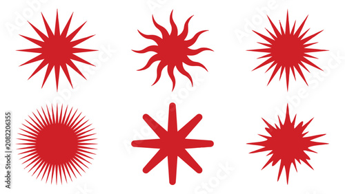 Set of six red sun and star shapes as graphic design icons