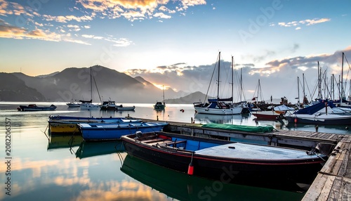 A serene harbor scene with boats docked at sunrise