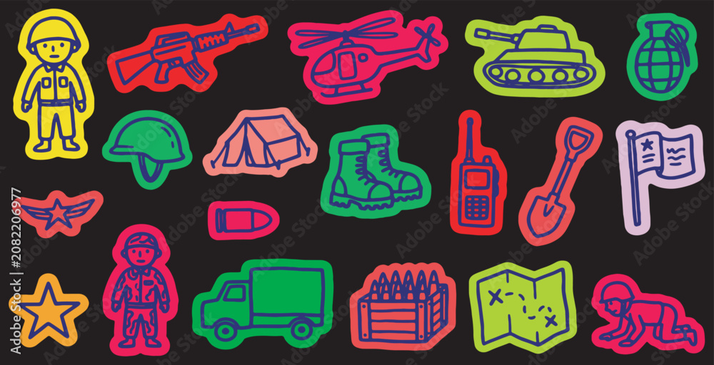 Obraz premium Collection of colorful military-themed stickers and icons on a dark background, including soldiers, weapons, vehicles, and equipment.
