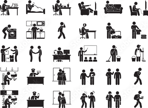 A comprehensive collection of simple black and white pictogram icons depicts various human activities and professions, showcasing everyday life and common actions with clarity and simplicity.