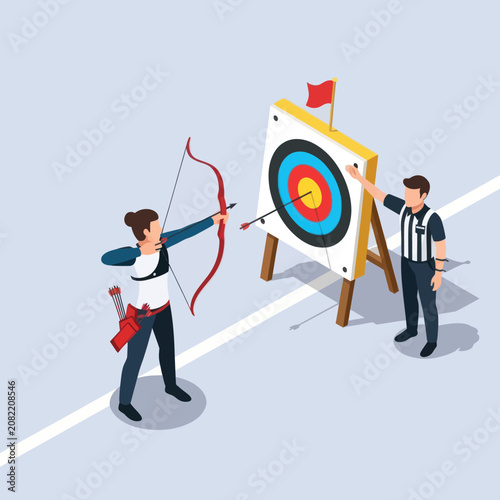 Billede på lærred Businessman aiming bow and arrow at target board.