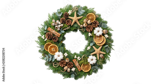 Christmas wreath with seashells and dried fruit decoration isolated on transparent background