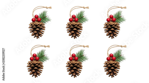 Christmas pine cone ornament with holly berries and leaves isolated on transparent background