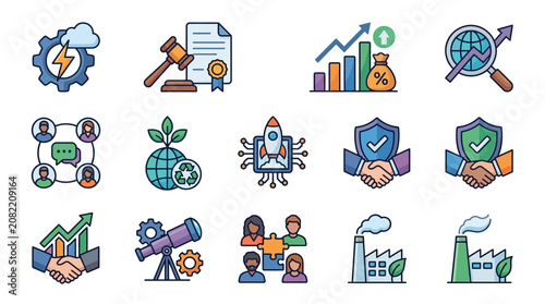Clean Colorful Illustrated Icons Set Featuring Business Technology Sustainability Growth and Partnership Concepts