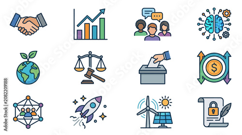 Elegant Colorful Icons Set Featuring Business Innovation Sustainability and Global Concepts in Minimalist Style