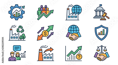 Creative Colorful Icons Set Featuring Business Growth Global Trade Sustainability Finance Partnerships and Legal Concepts
