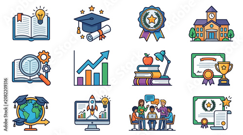 Dynamic Educational Achievement Icons Set Colorful Illustrations Featuring Books Awards Graduation Caps Charts and Global Learning