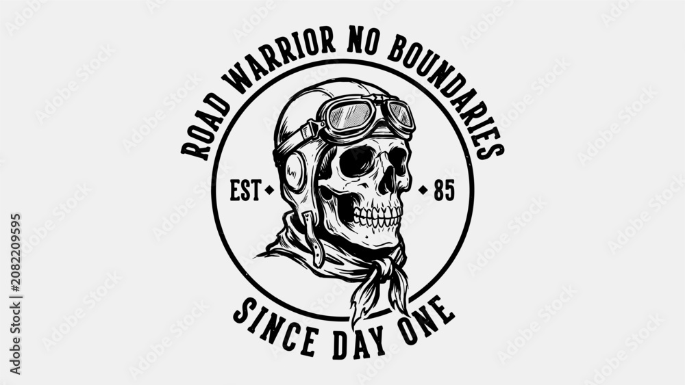 Fototapeta premium Vintage road warrior biker skull with motorcycle helmet and goggles retro emblem illustration for t-shirt design print, merchandise apparel, and streetwear brand