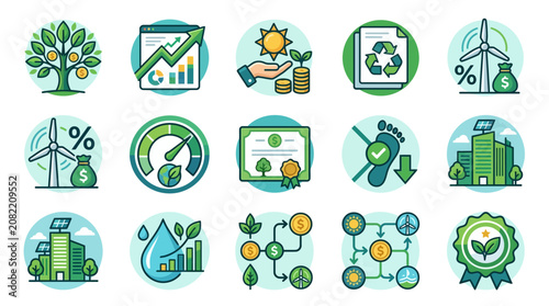 Elegant Infographic Icons Showcasing Sustainable Finance Green Investments and Eco Economic Growth with Trees Wind Turbines Solar Panels and Money