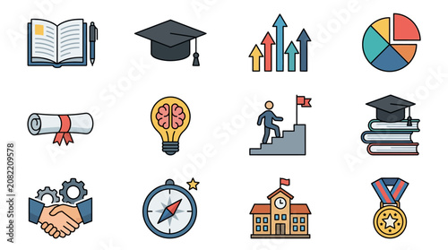 Sleek Educational and Career Growth Icons Set Colorful Book Graduation Cap Charts Diploma Brain Handshake Compass School Medal