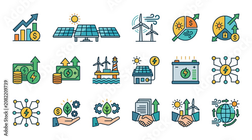 Sleek Colorful Infographic Icons Showcasing Renewable Energy Financial Growth Sustainability and Global Cooperation