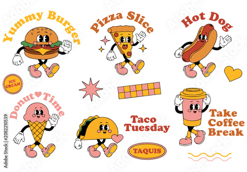 Cute Fast Food Mascot Characters Burger Pizza Hot Dog Taco Ice Cream Cartoon Vector Set