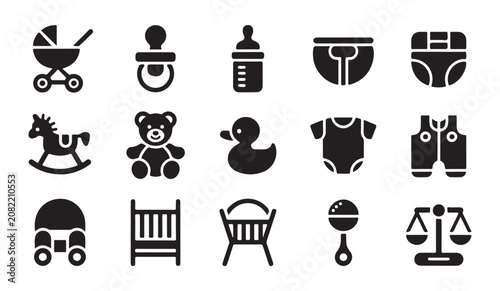 фотографія Baby items and care icons featuring stroller pacifier feeding bottle diaper and toys