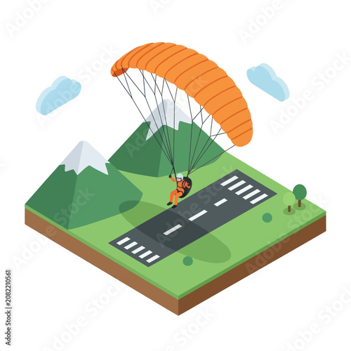 Fotografie Paragliding adventure over scenic mountain runway landscape.