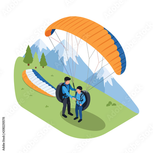 Obraz na plátně Father and son preparing for paragliding adventure.