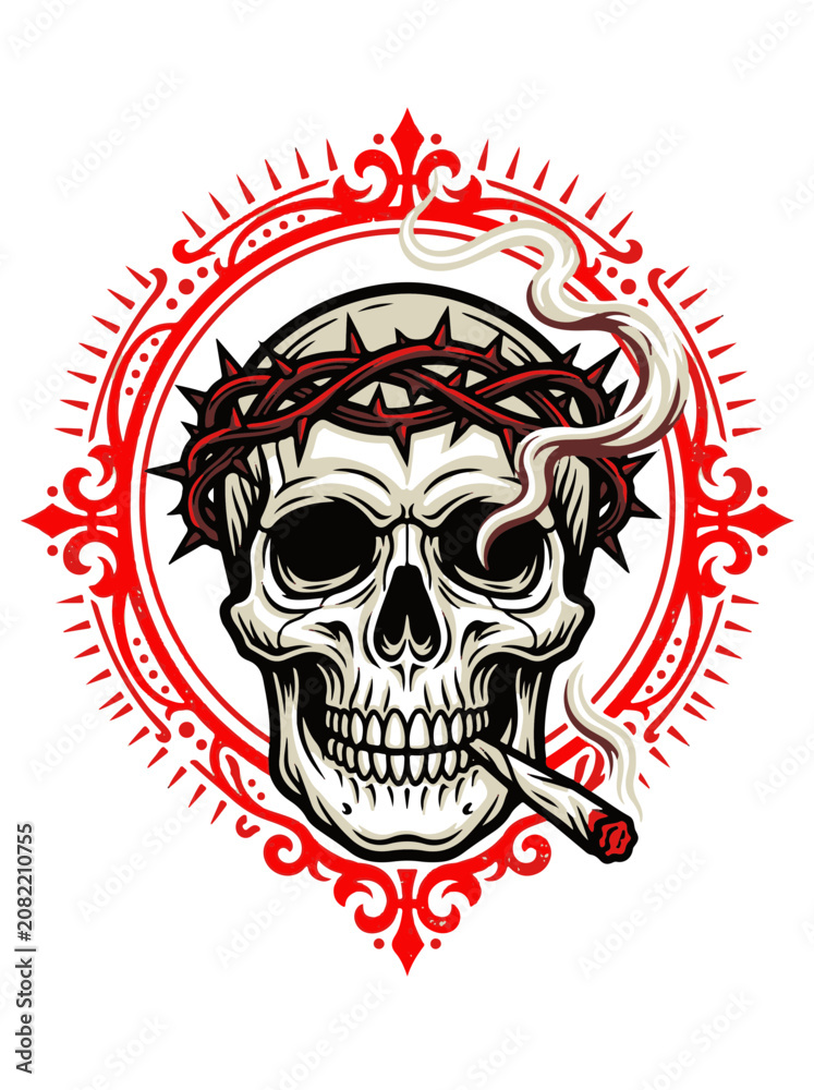 Fototapeta premium Skull Wearing Crown of Thorns Smoking Cigarette Within Ornate Red Frame Design