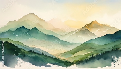 Soft Green And Beige Watercolor Painting Creates An Abstract Mountain Landscape With Gentle Peaks And Valleys Blending Seamlessly From Light To Dark Tones