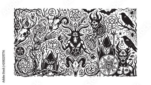 Esoteric Occult Illustration with Baphomet and Mystical Symbols