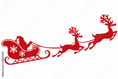 Vászonkép Santa Claus With Reindeer Sleigh Silhouette On White Background